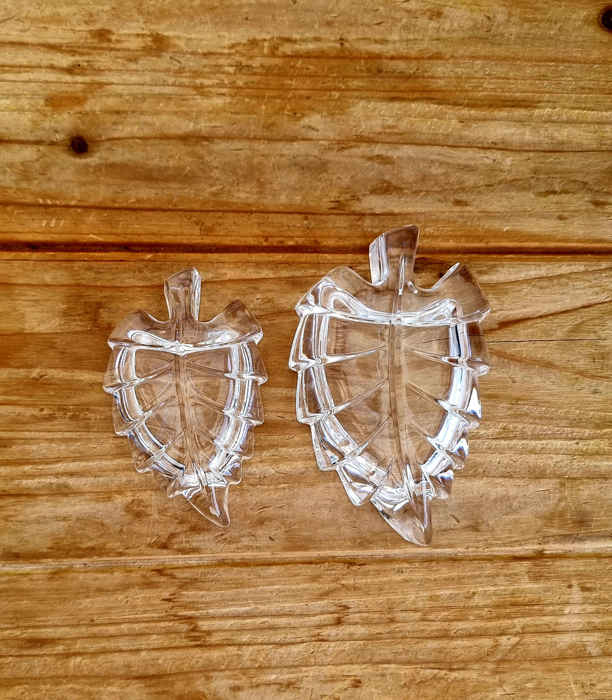 Duo de coupelles feuilles vintage en verre moulé transparent années 70