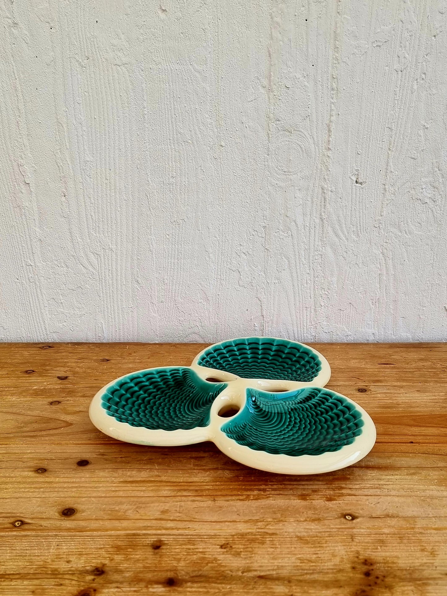 Plat apéritif 3 coquillages Verceram 60'S turquoise céramique les kitscheries brocante en ligne