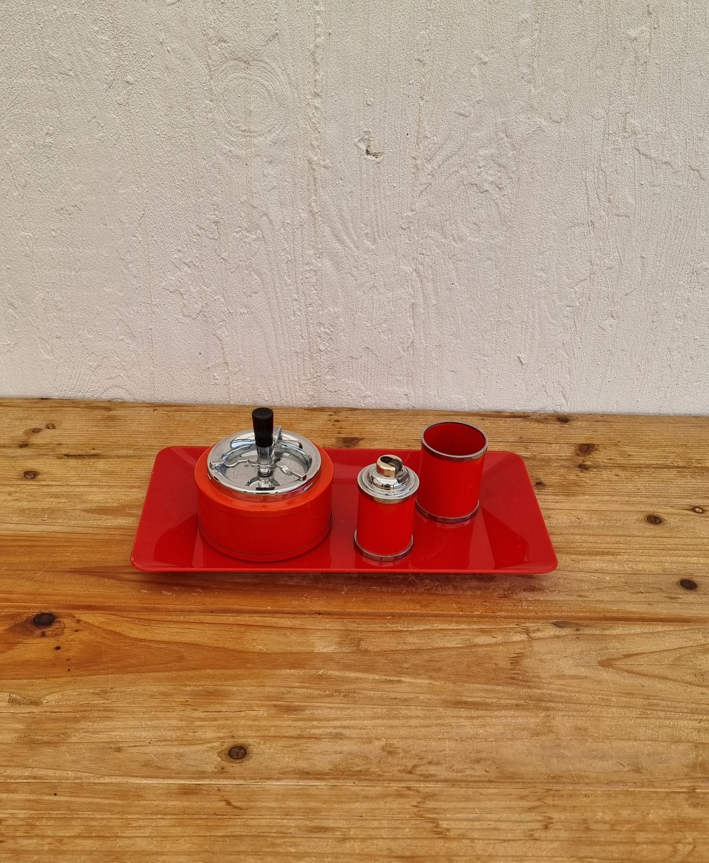 Service fumeur vintage orange Soveno Made in France style space age avec plateau cendrier briquet et porte-cigarettes années 70
