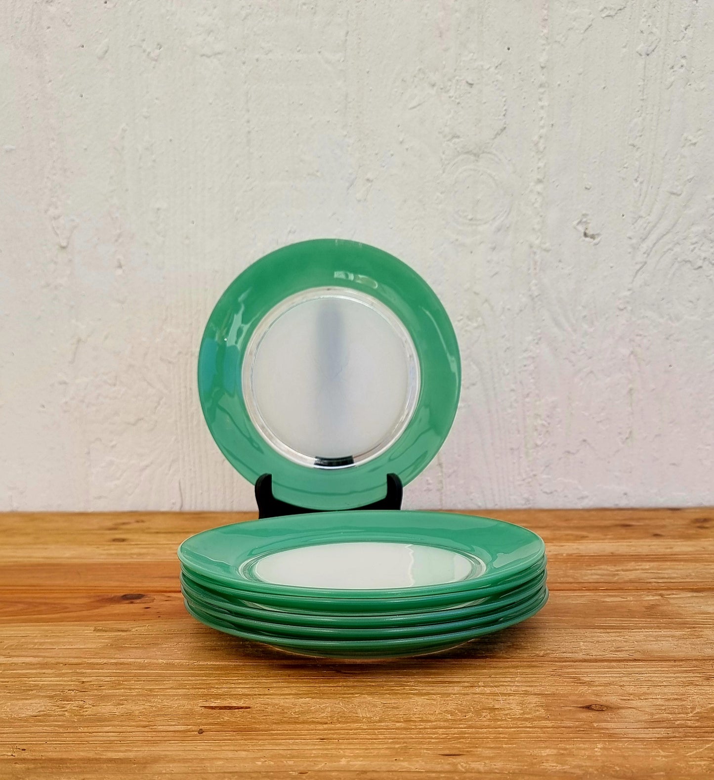 Lot de 6 assiettes à dessert Duralex vert verre les kitscheries brocante en ligne