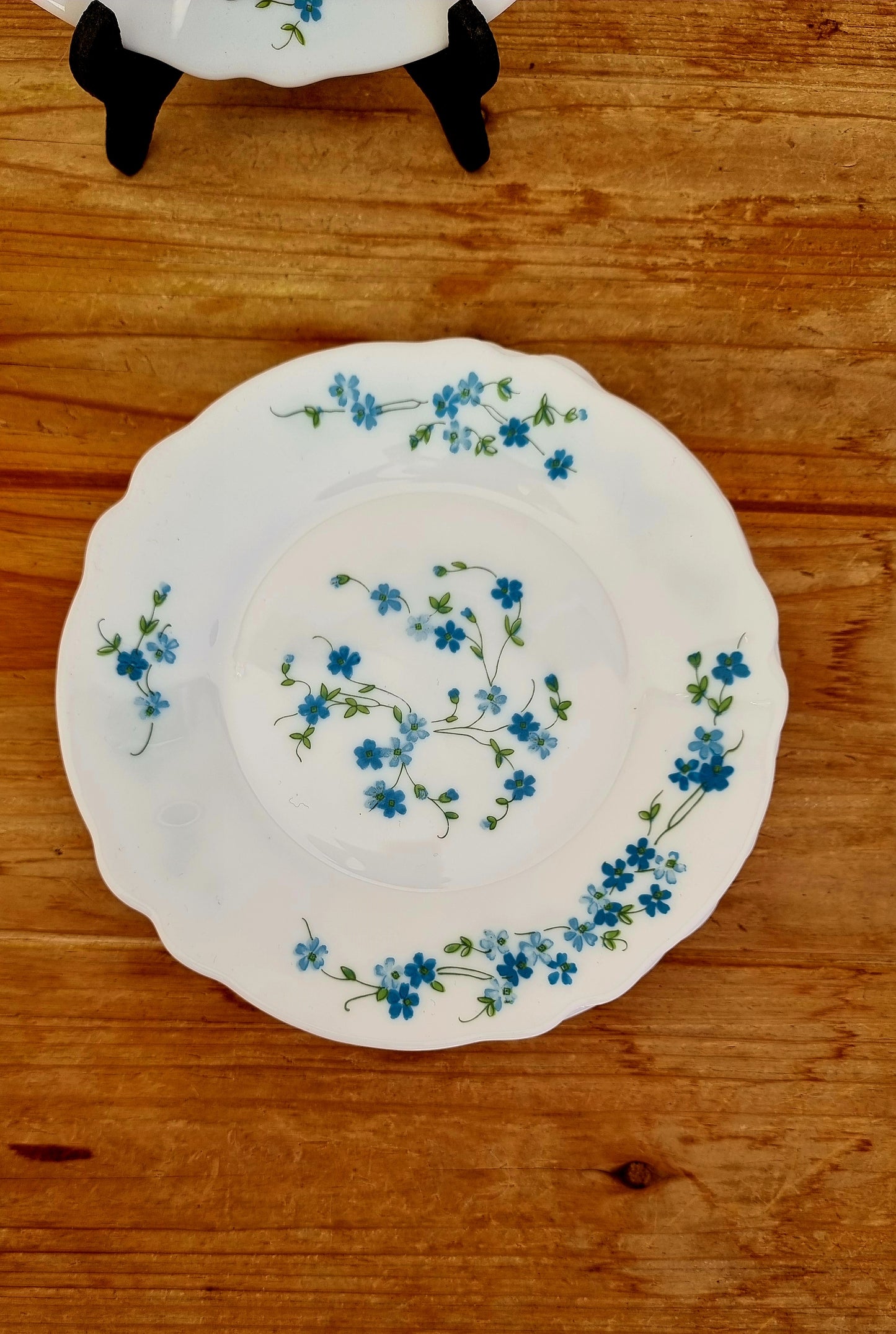 6 assiettes à desserts Arcopal modèle Myosotis fleurs bleues les kitscheries brocante en ligne
