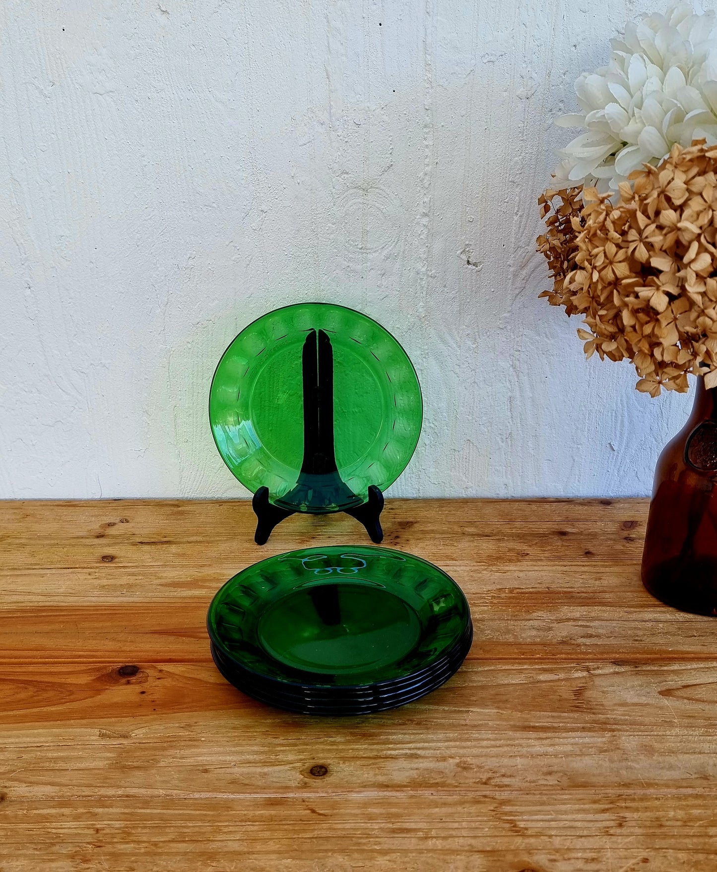 Lot de 6 assiettes à desserts vertes Arcoroc verre les kitscheries brocante en ligne