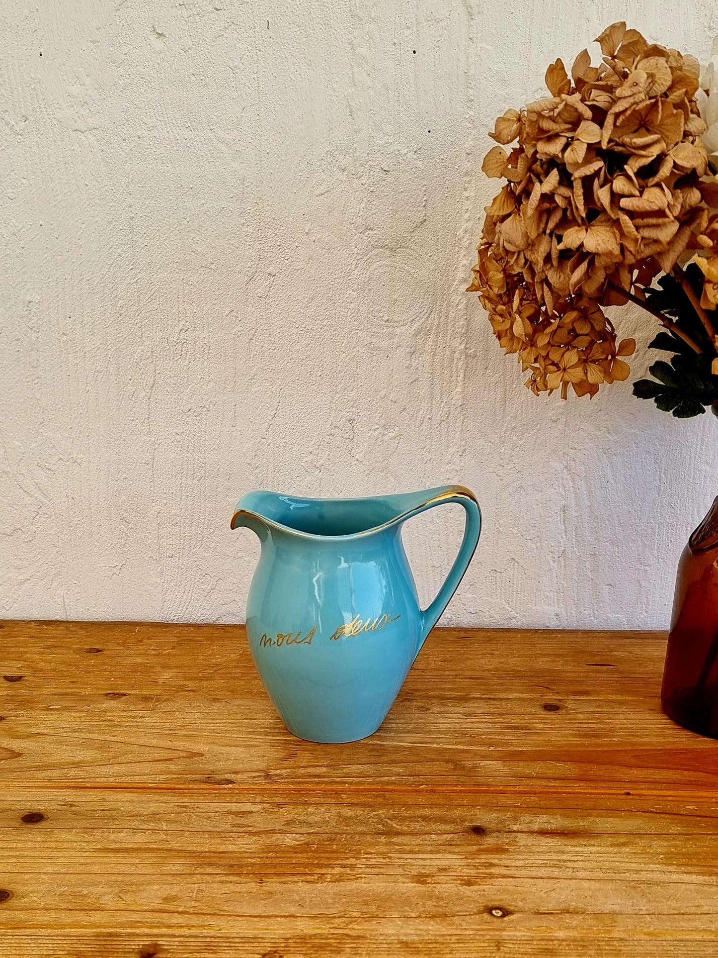 Pichet céramique bleu Nous Deux les kitscheries brocante en ligne