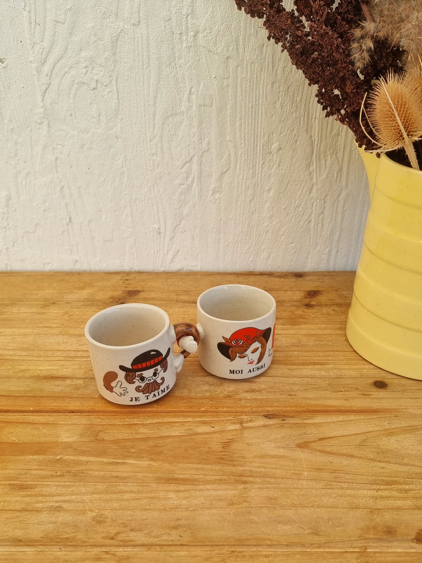 2 tasses à café vintage Je t'aime Moi aussi grès made in korea les kitscheries brocante en ligne