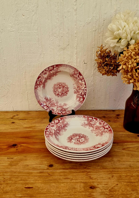 Lot de 6 assiettes creuses U&C Sarreguemines modèle Jardinière fleurs rouges les kitscheries brocante en ligne
