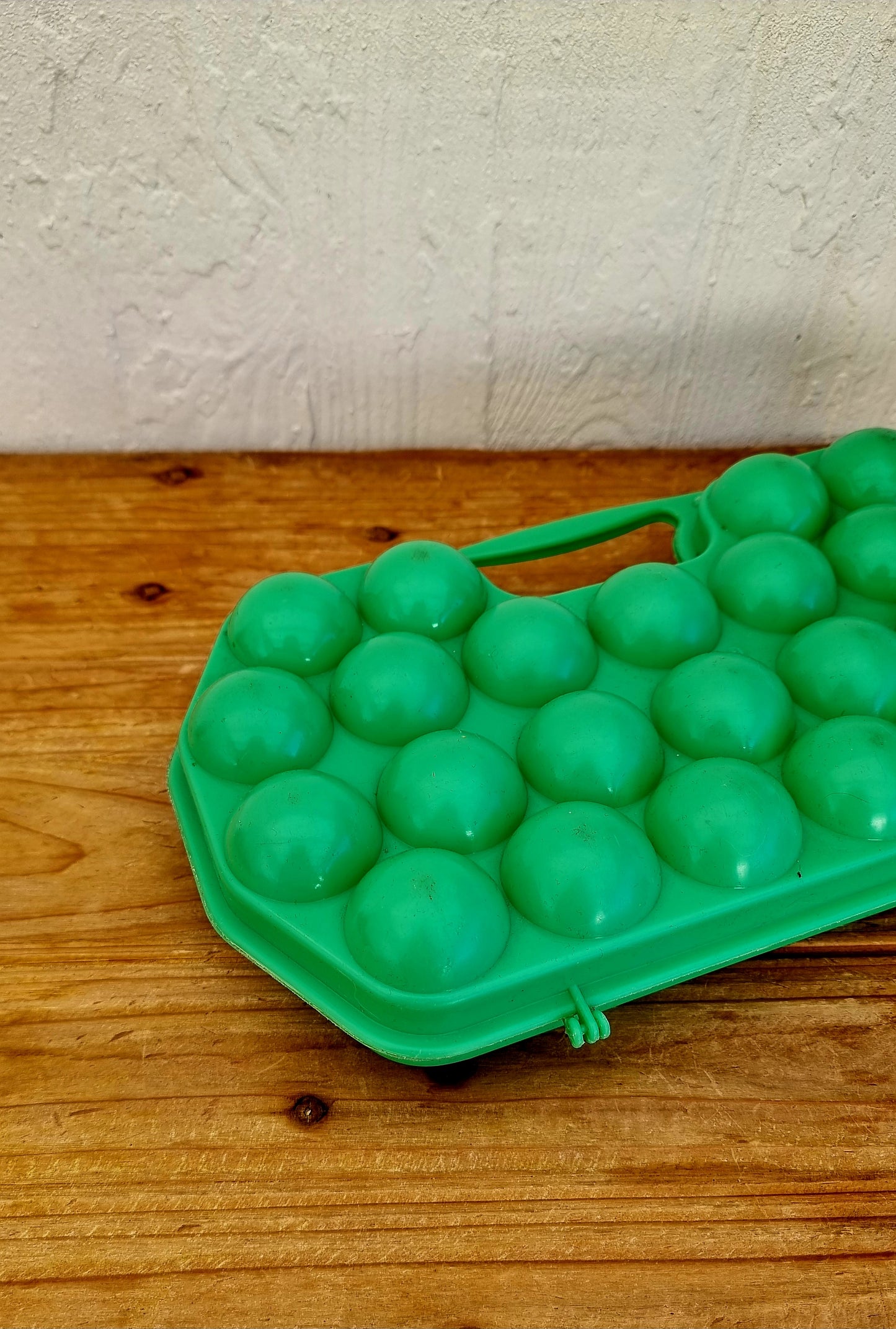 Grande boîte à œufs vintage verte en plastique avec poignée intégrée pour 24 œufs années 70