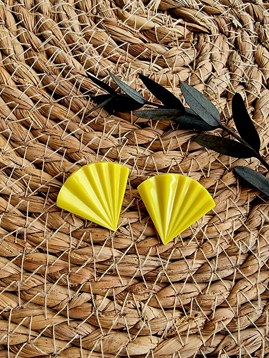 Boucles d’oreilles vintage jaune éventail plastique à clips années 80