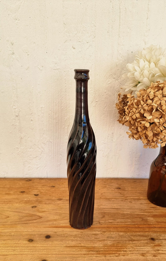 Bouteille vase Les Cyclades Anduze en grès émaillé brun avec décor torsadé