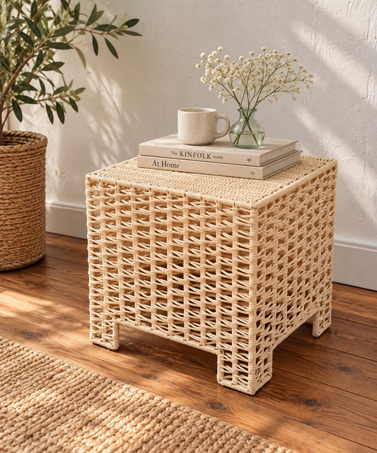 Table basse vintage cube en plastique tressé beige