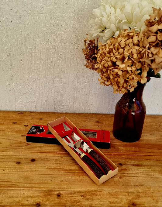 Coffret à découper vintage avec couteau et fourchette en acier inoxydable dans boîte d’origine rouge et noire