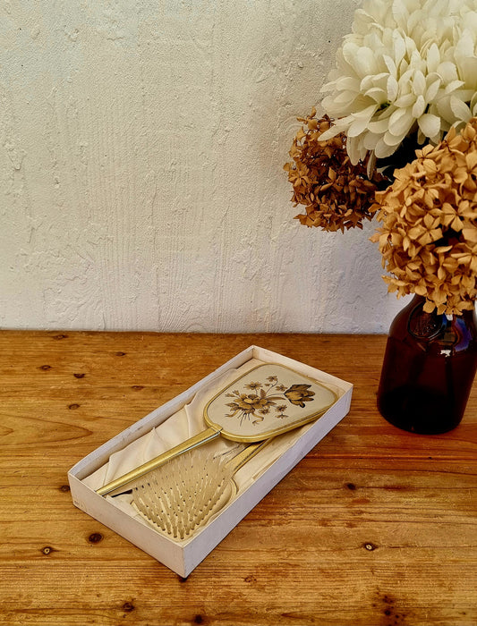 Coffret de toilette vintage anglais miroir et brosse en métal doré décor floral