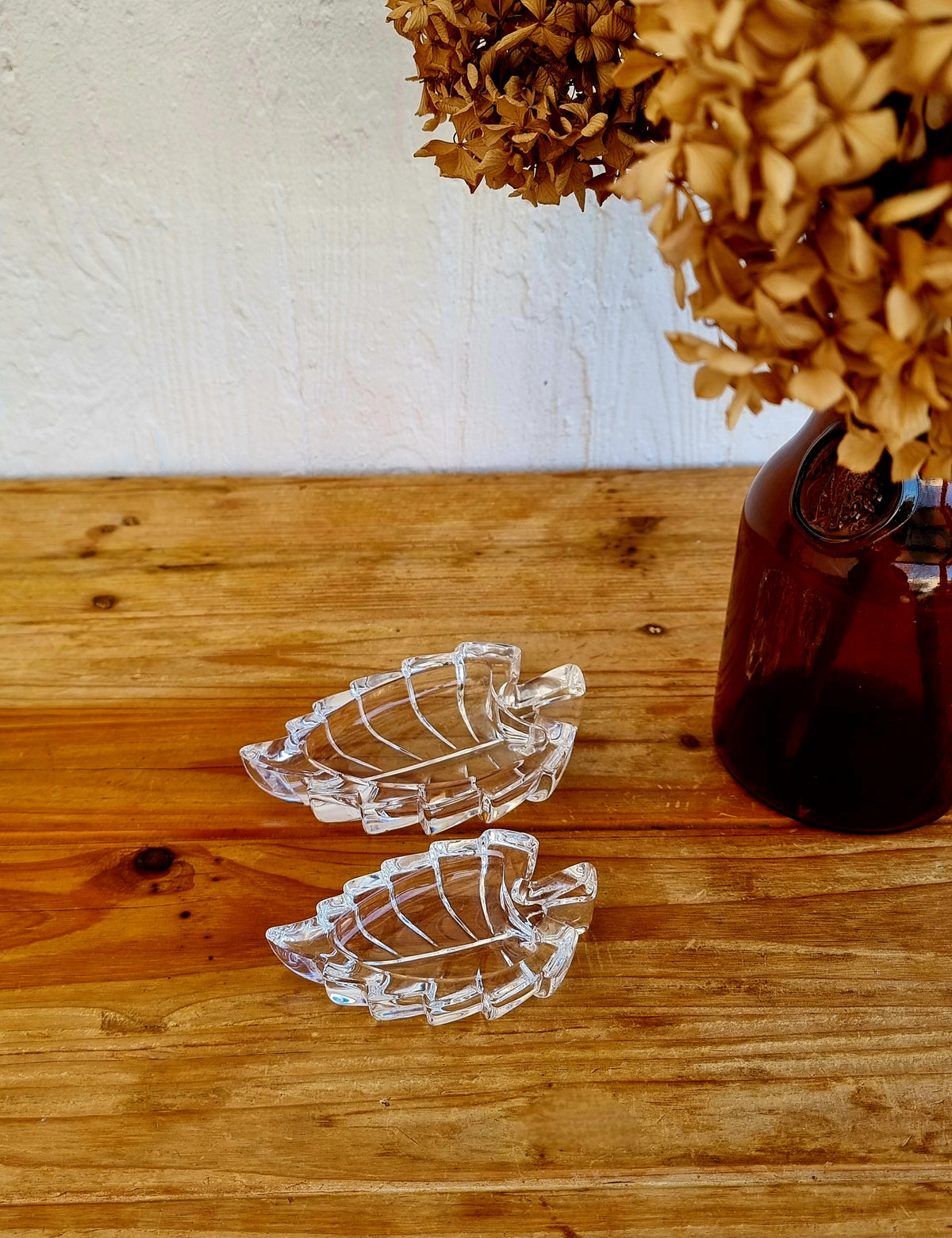Duo de coupelles feuilles vintage en verre moulé transparent années 70