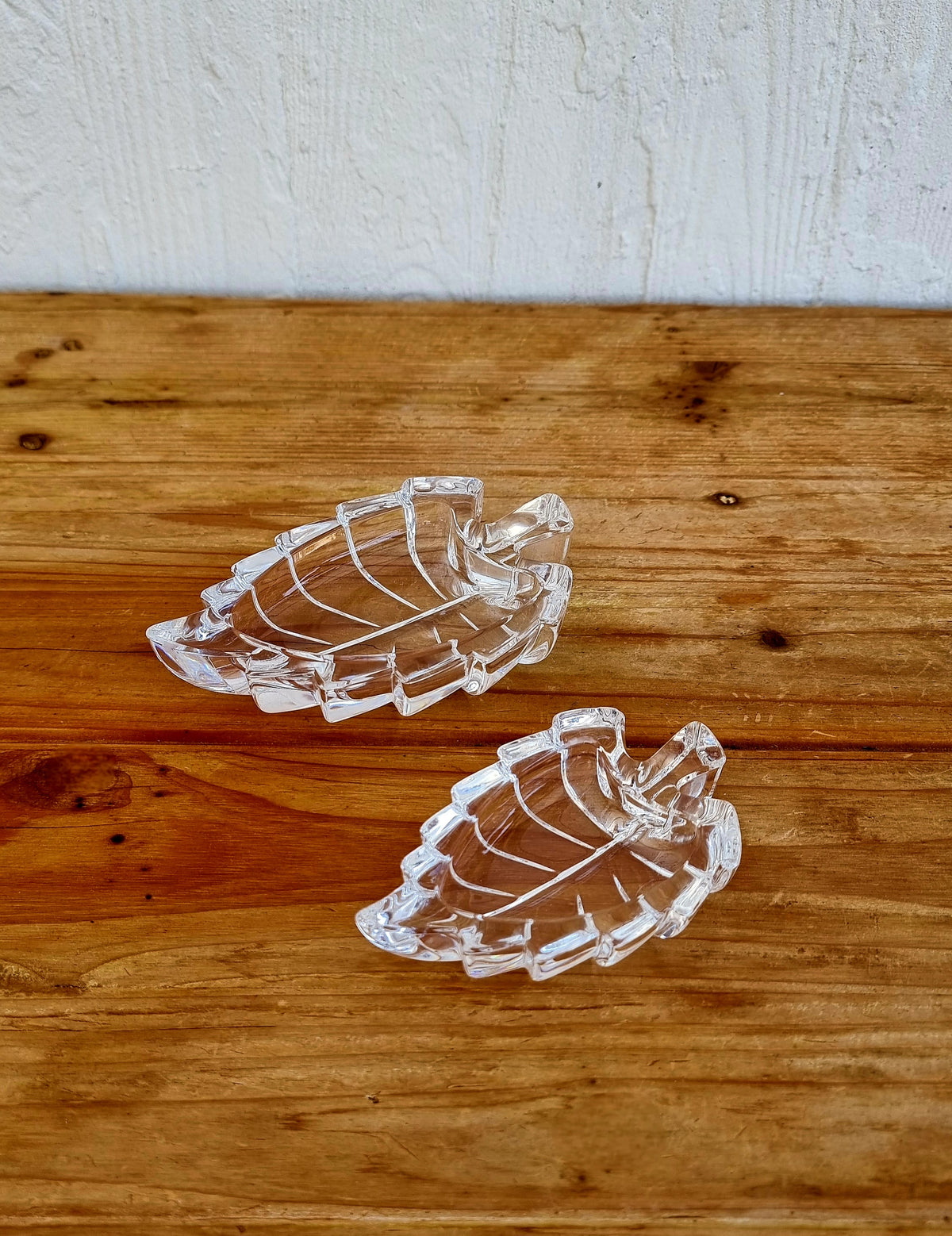 Duo de coupelles feuilles vintage en verre moulé transparent années 70