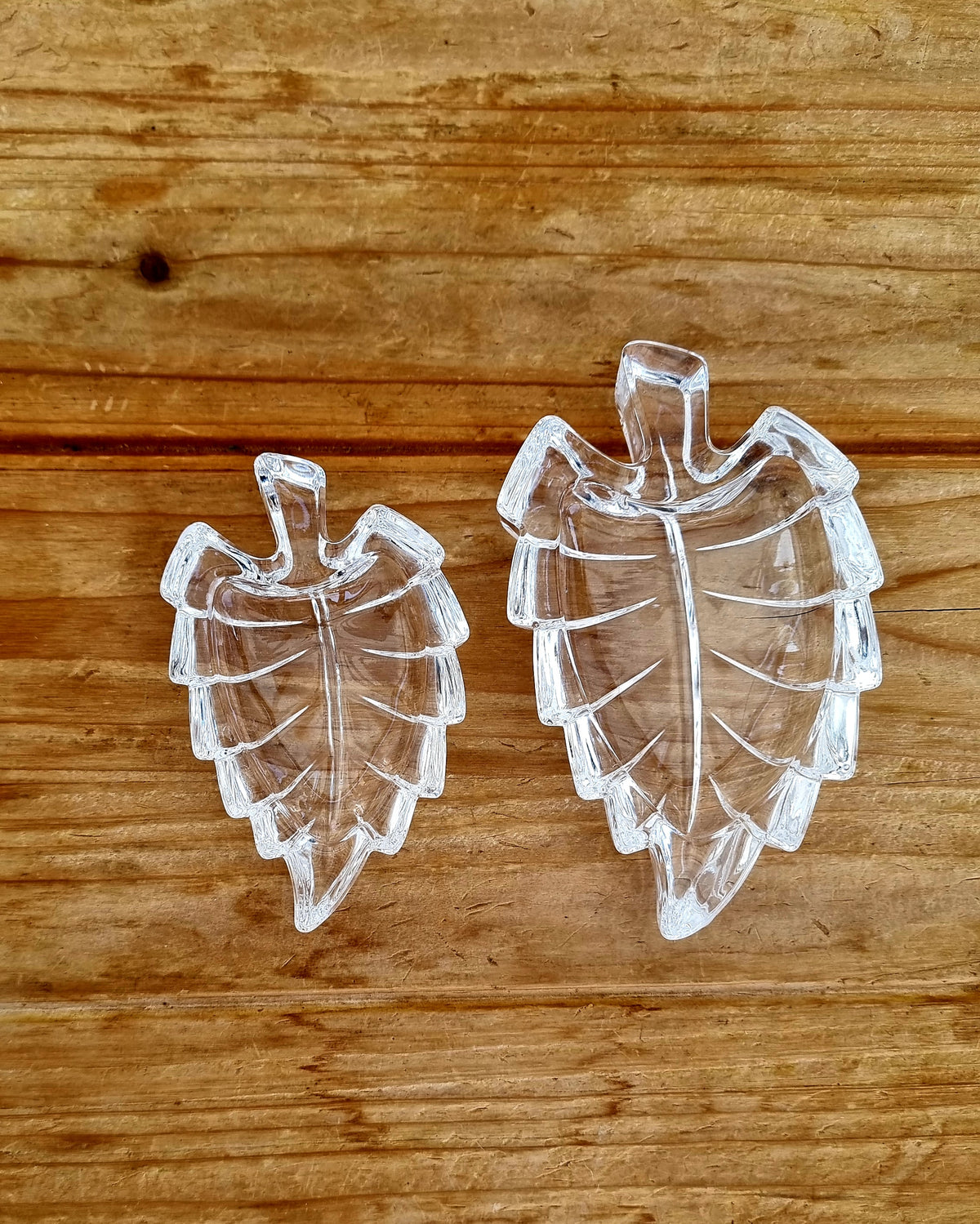 Duo de coupelles feuilles vintage en verre moulé transparent années 70
