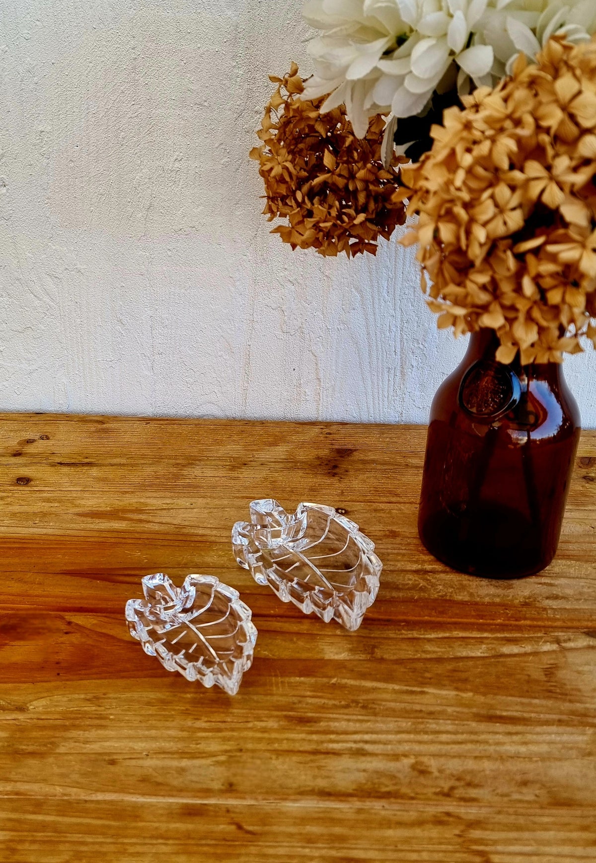 Duo de coupelles feuilles vintage en verre moulé transparent années 70