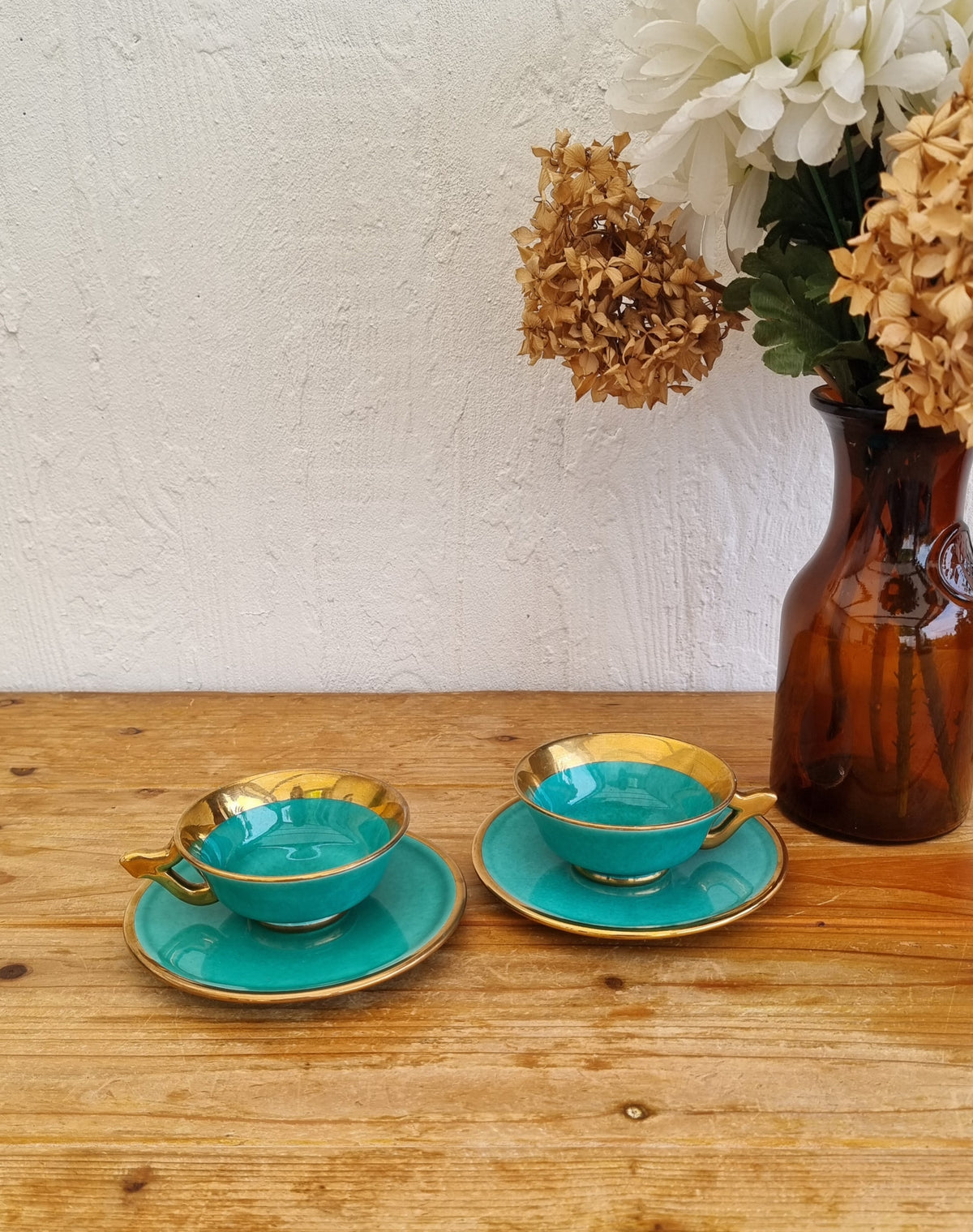 Duo de tasses à café vintage Magda turquoise et doré Made in France