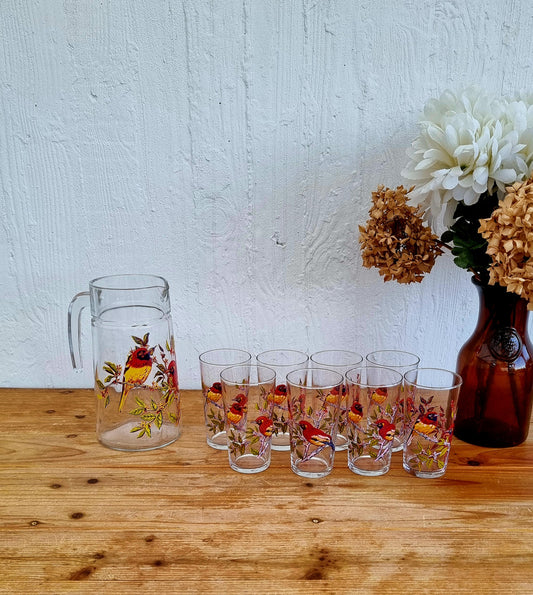 Ensemble vintage orangeade avec pichet et 8 verres décor oiseaux années 70