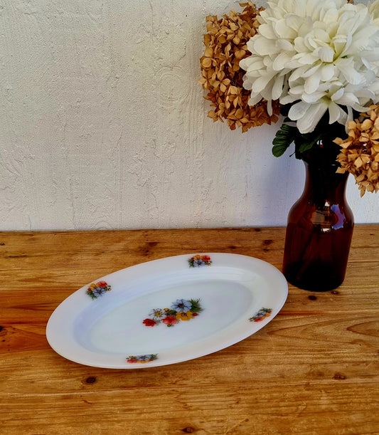 Grand plat ovale Arcopal Anémone vintage blanc à fleurs multicolores