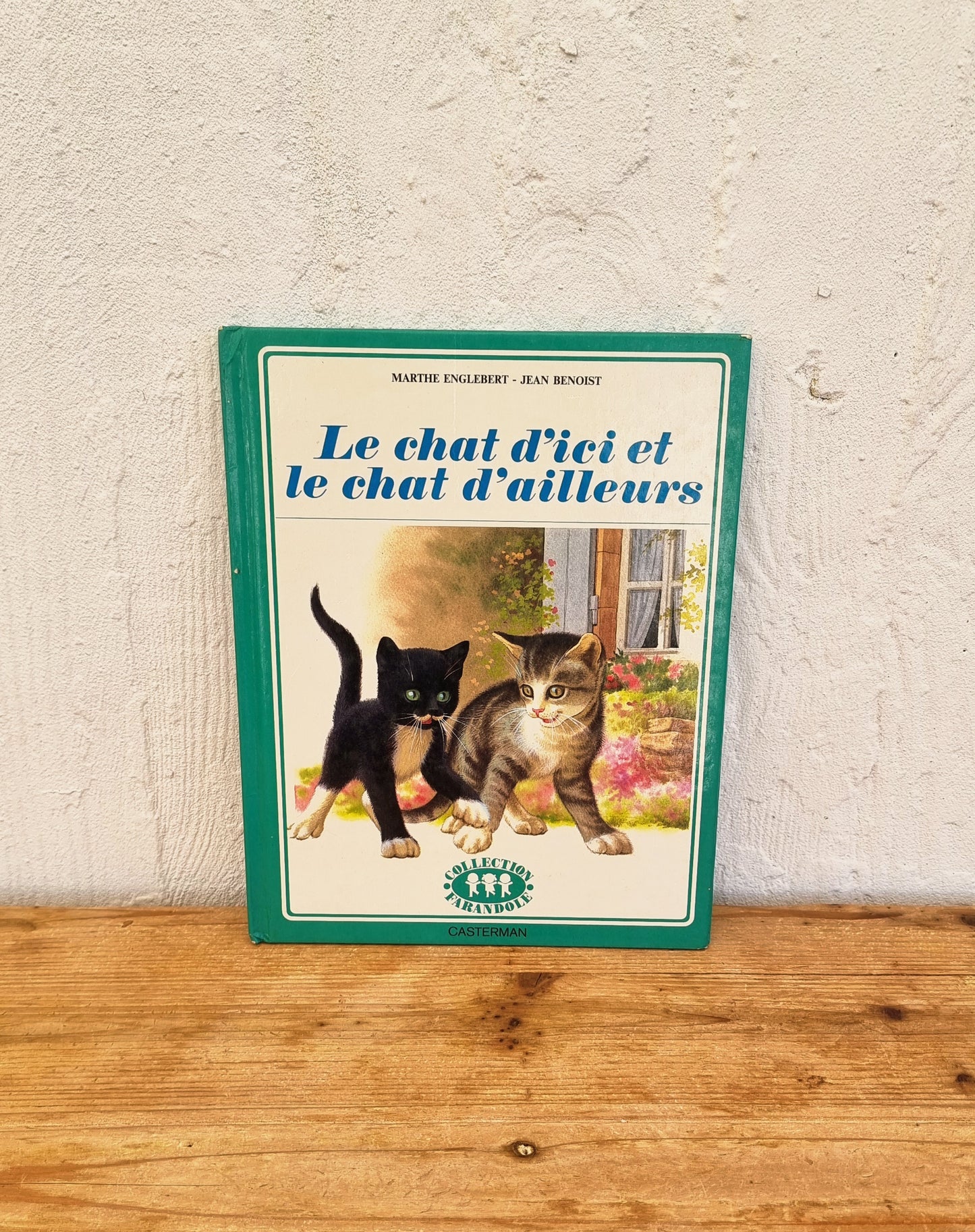 Livre enfant vintage illustré Casterman Le chat d’ici et le chat d’ailleurs couverture verte avec chat noir et chat tigré années 70