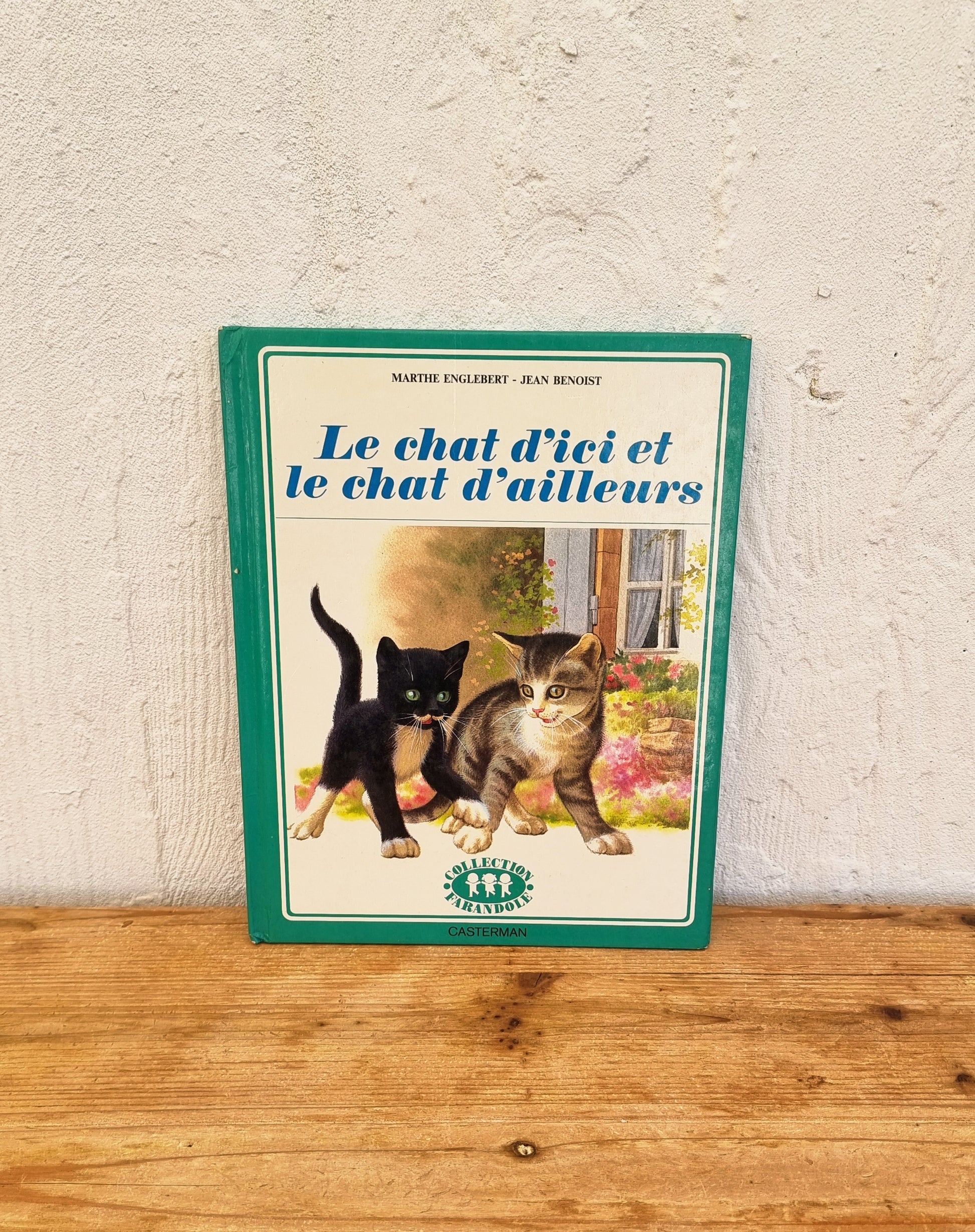 Livre enfant vintage illustré Casterman Le chat d’ici et le chat d’ailleurs couverture verte avec chat noir et chat tigré années 70