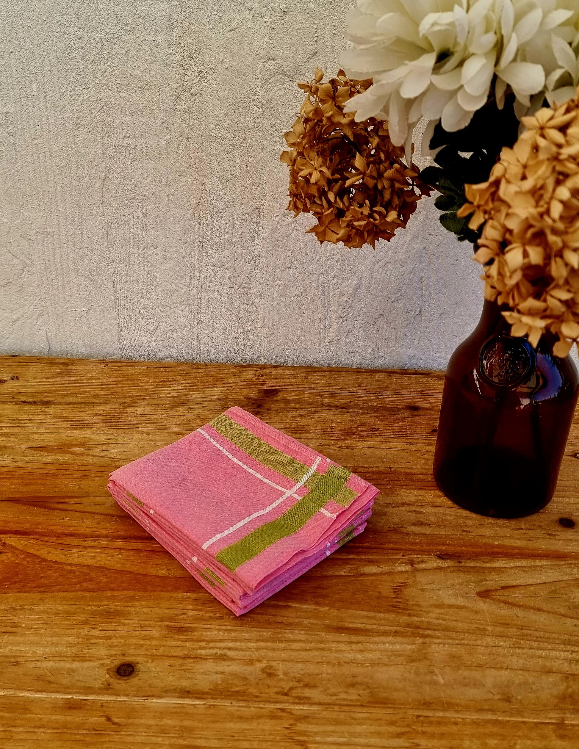 Serviettes de table vintage coton rose et vert lot de 5