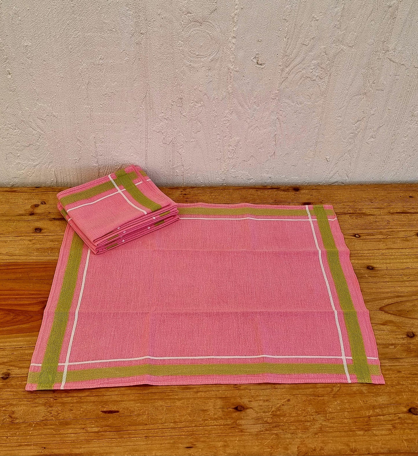 Serviettes de table vintage coton rose et vert lot de 5