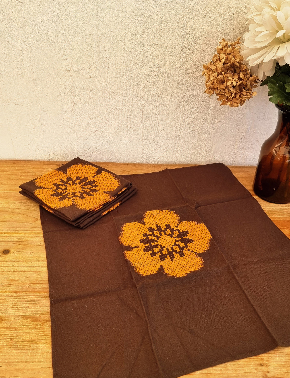 Lot de 6 serviettes de table vintage marron et orange années 70