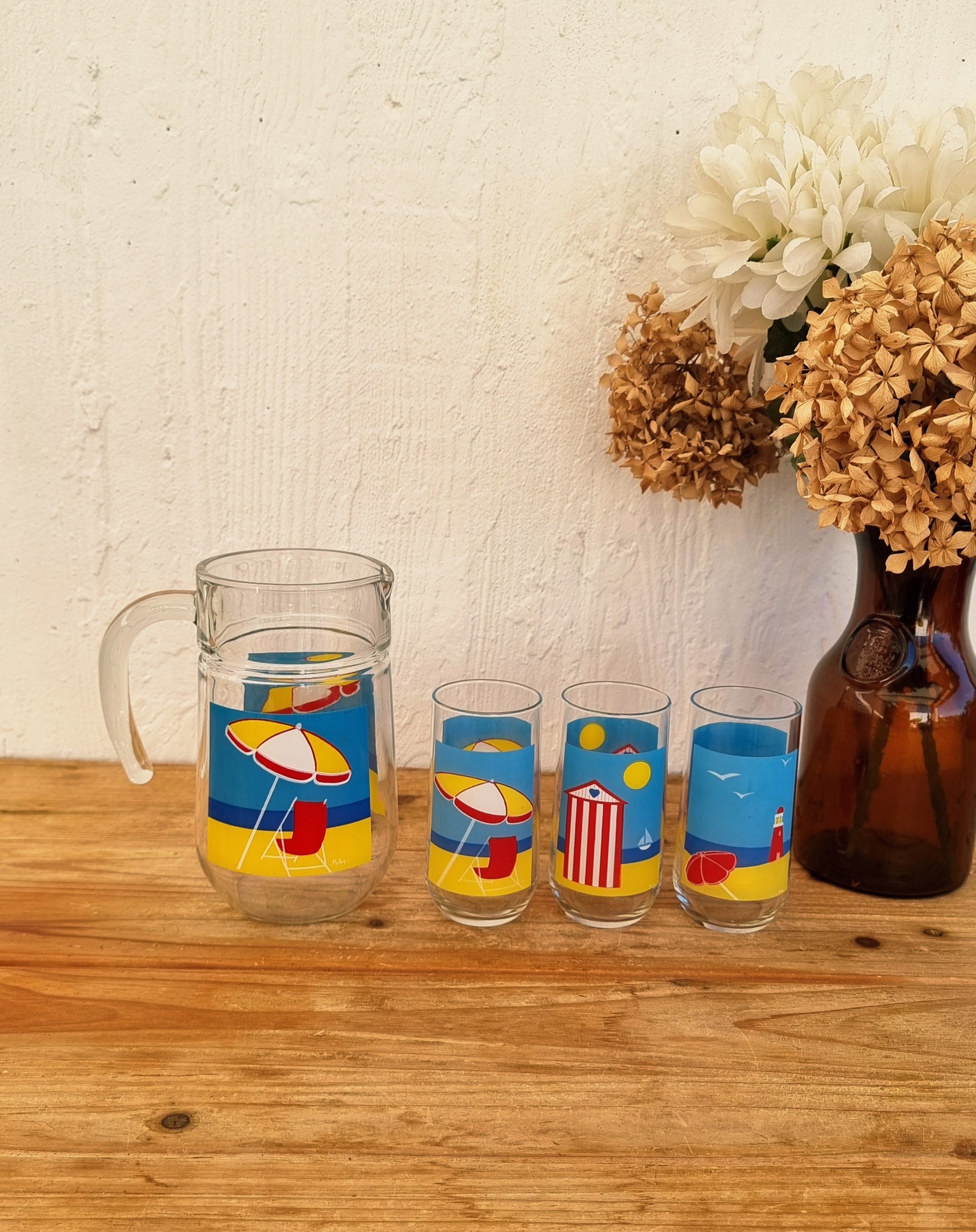 Pichet et verres vintage Palluy en verre esprit bord de mer