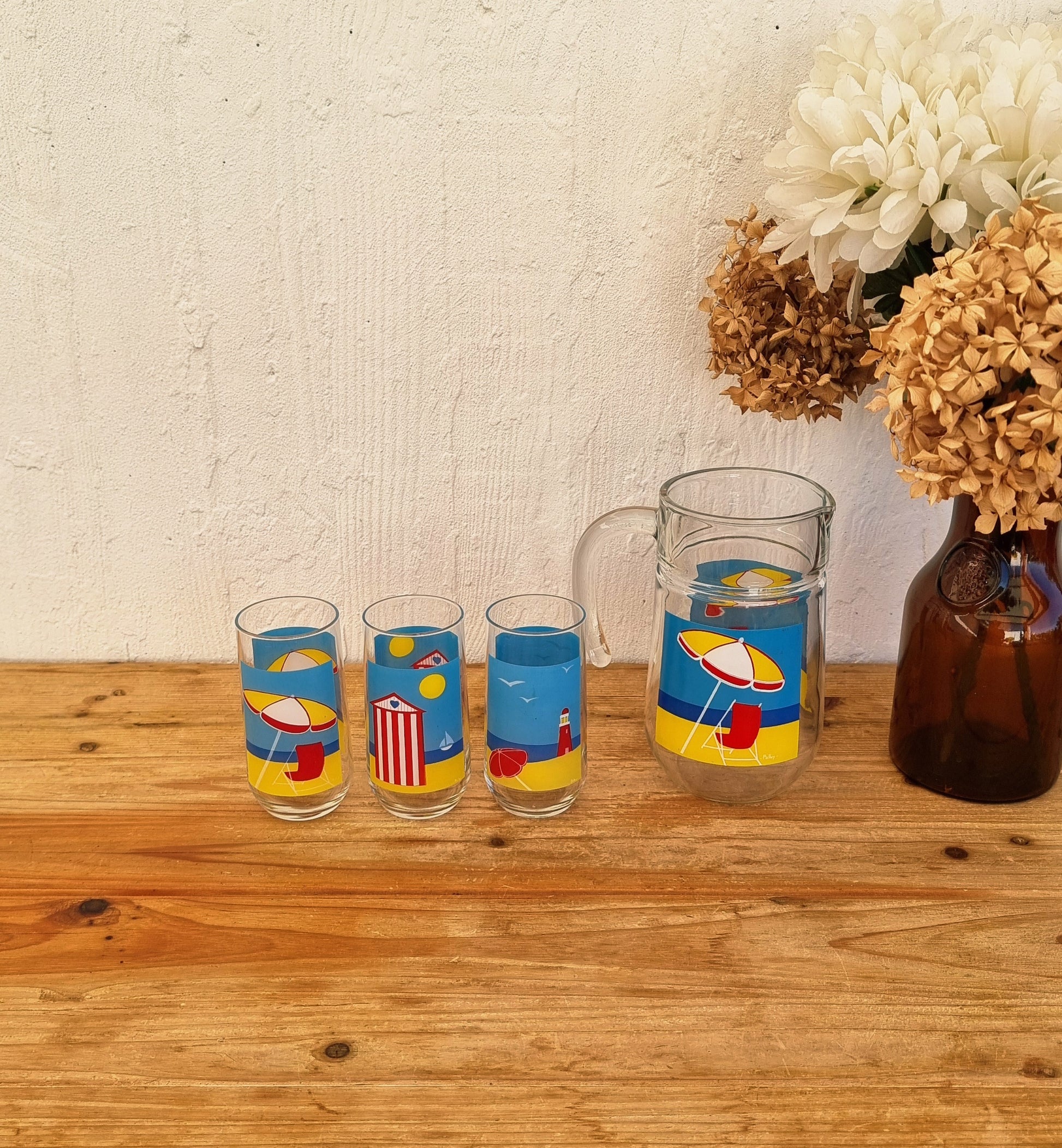 Pichet et verres vintage Palluy en verre esprit bord de mer