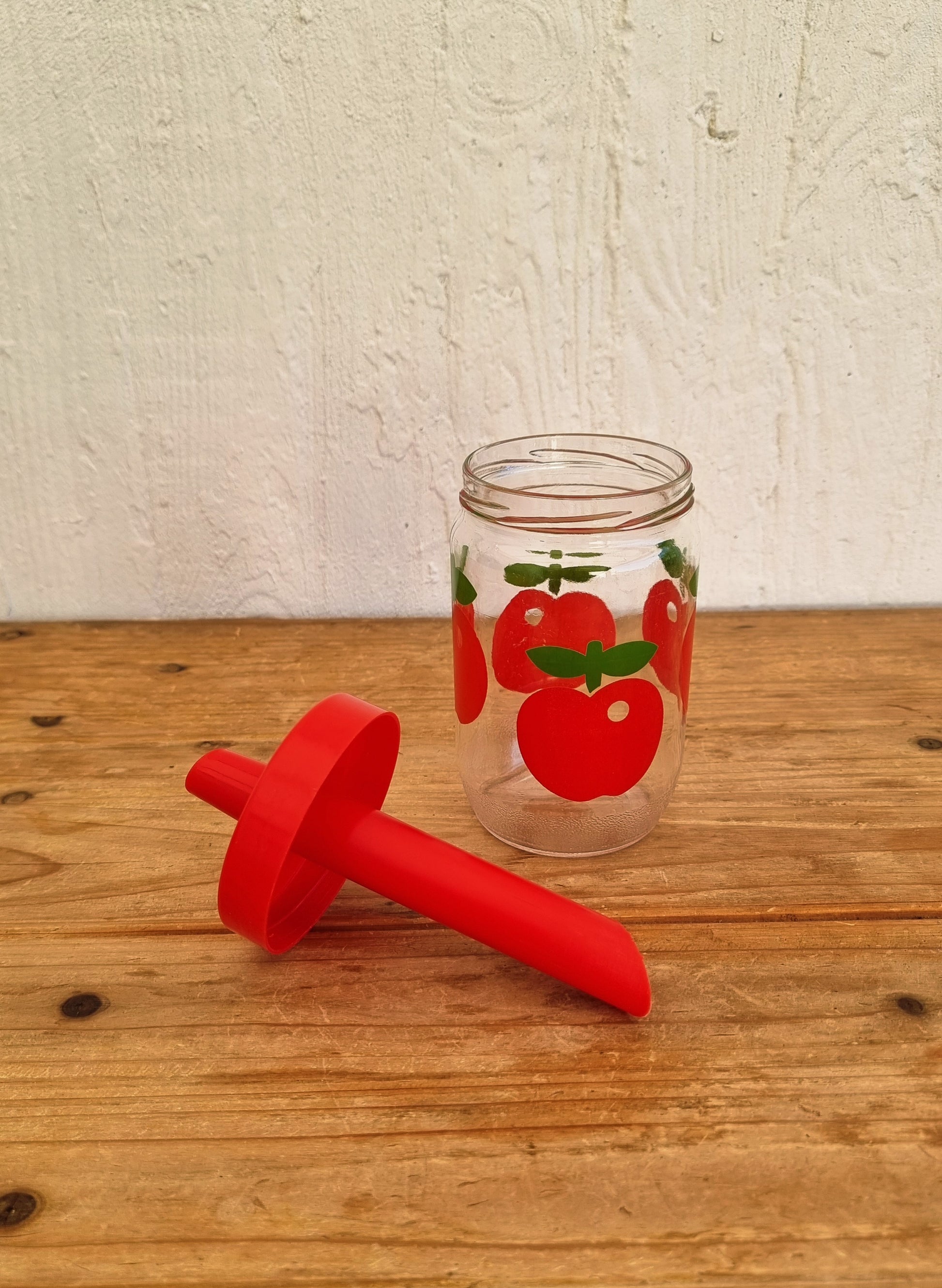 Pot à sucre verseur Henkel vintage en verre décor pommes rouges années 70