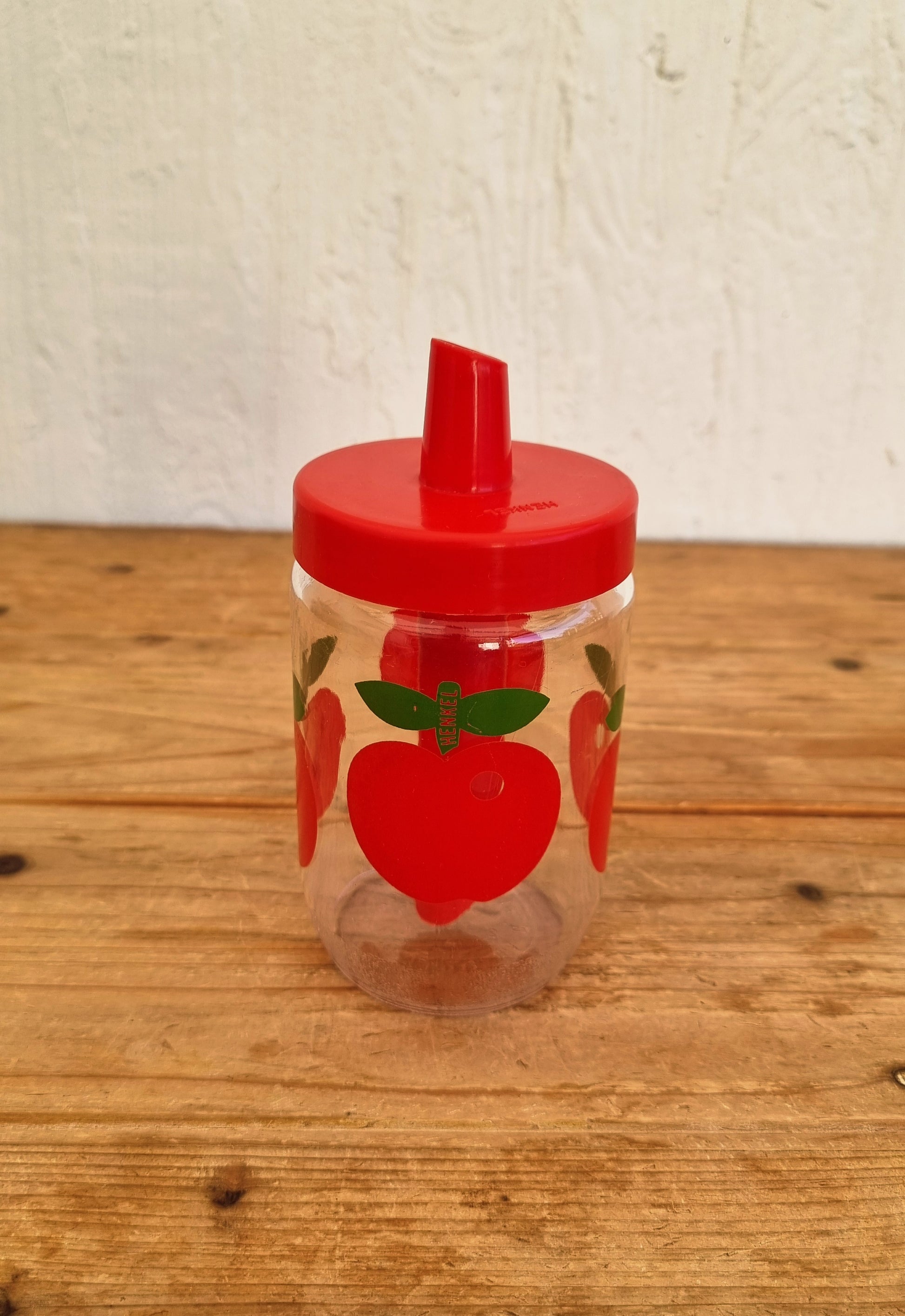 Pot à sucre verseur Henkel vintage en verre décor pommes rouges années 70