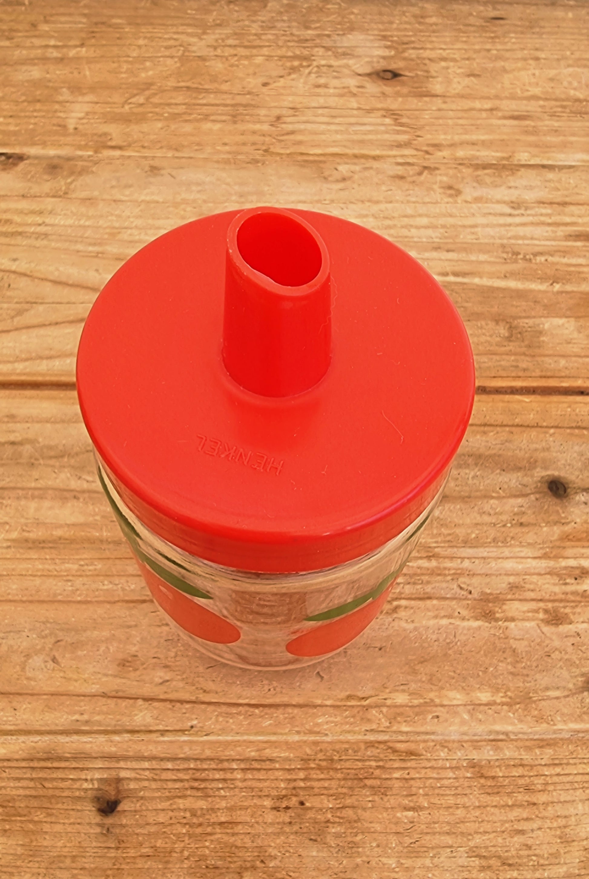 Pot à sucre verseur Henkel vintage en verre décor pommes rouges années 70