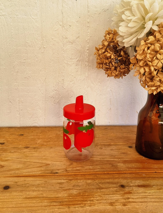 Pot à sucre verseur Henkel vintage en verre décor pommes rouges années 70
