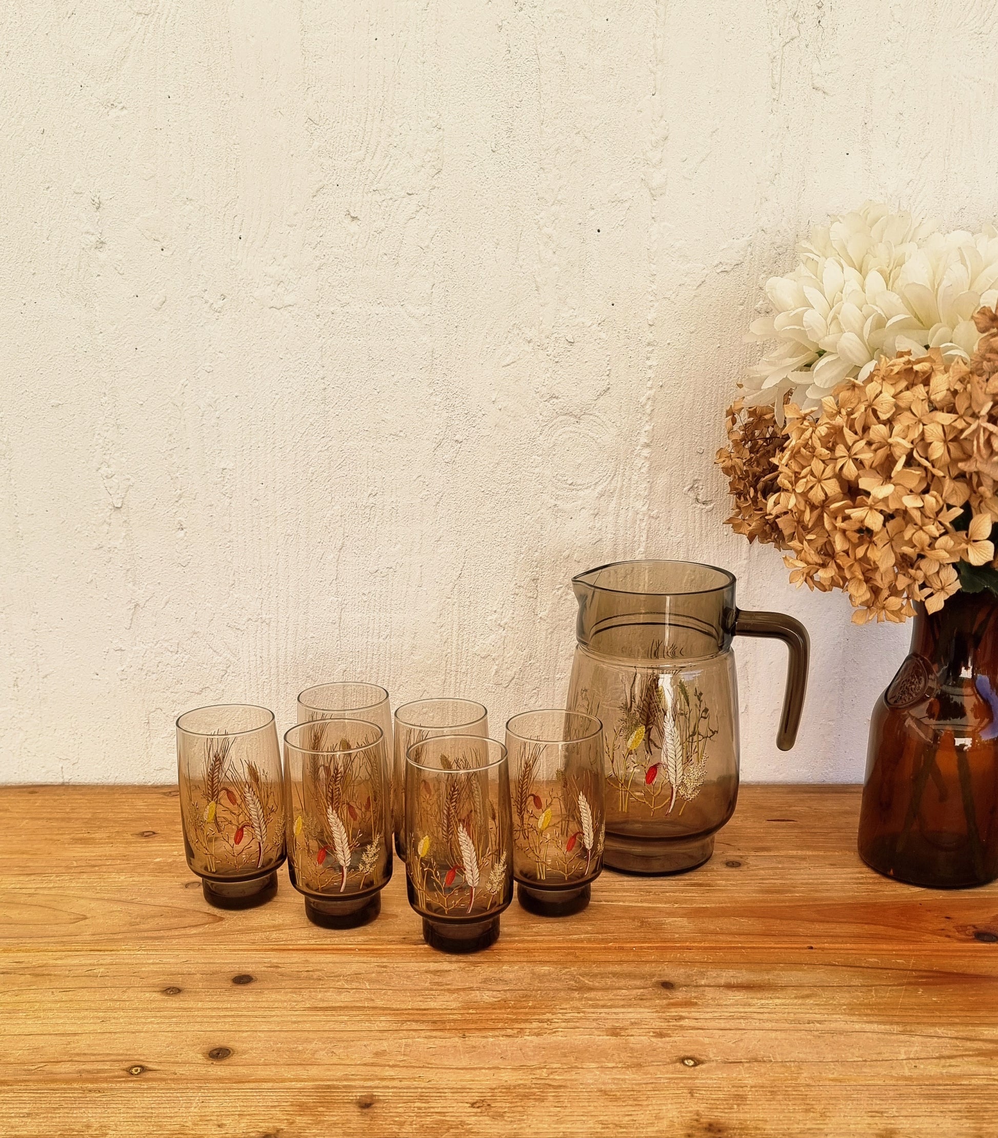 Service à orangeade vintage J.G. Durand Tivoli en verre fumé brun avec pichet et 6 verres