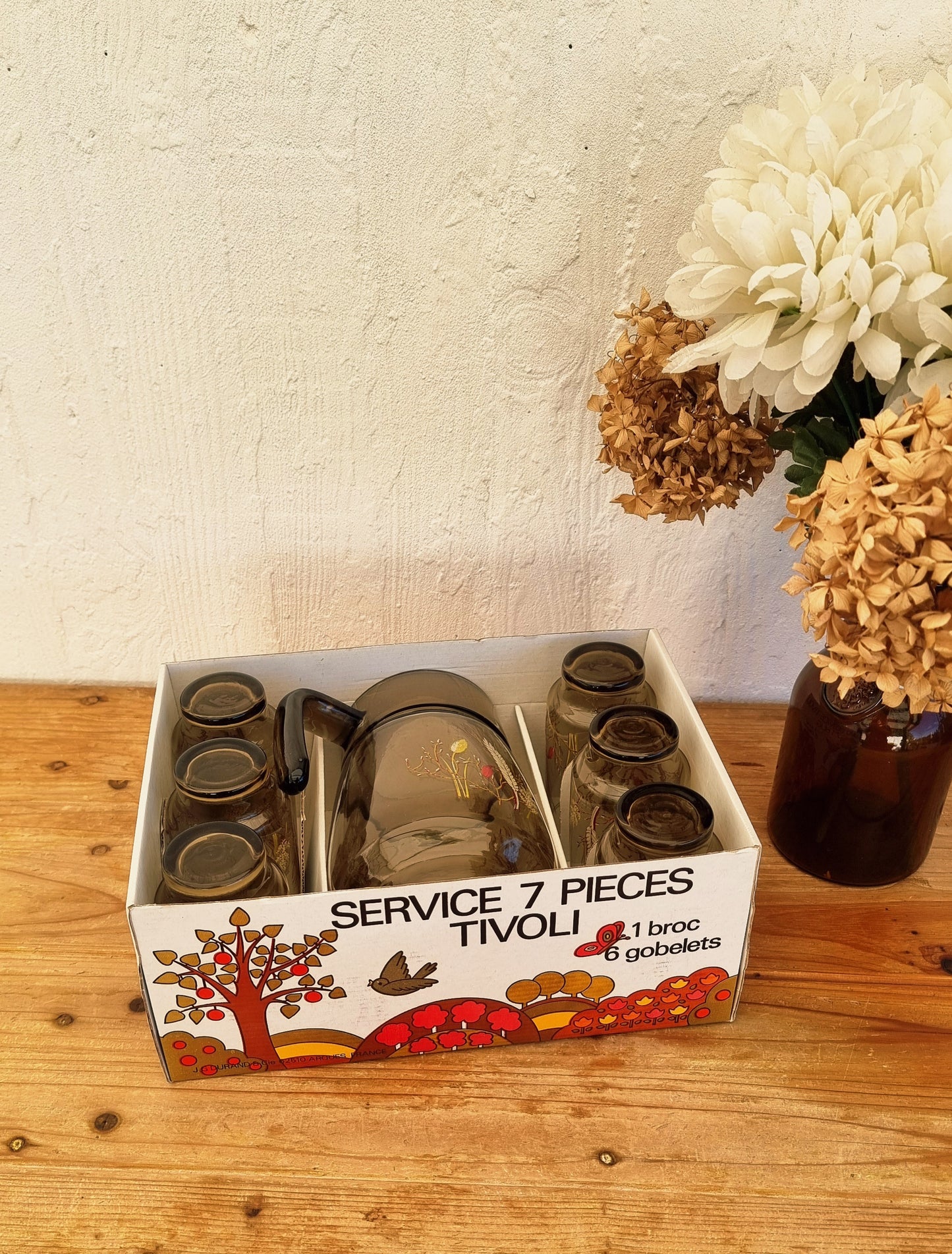 Service à orangeade vintage J.G. Durand Tivoli en verre fumé brun avec pichet et 6 verres