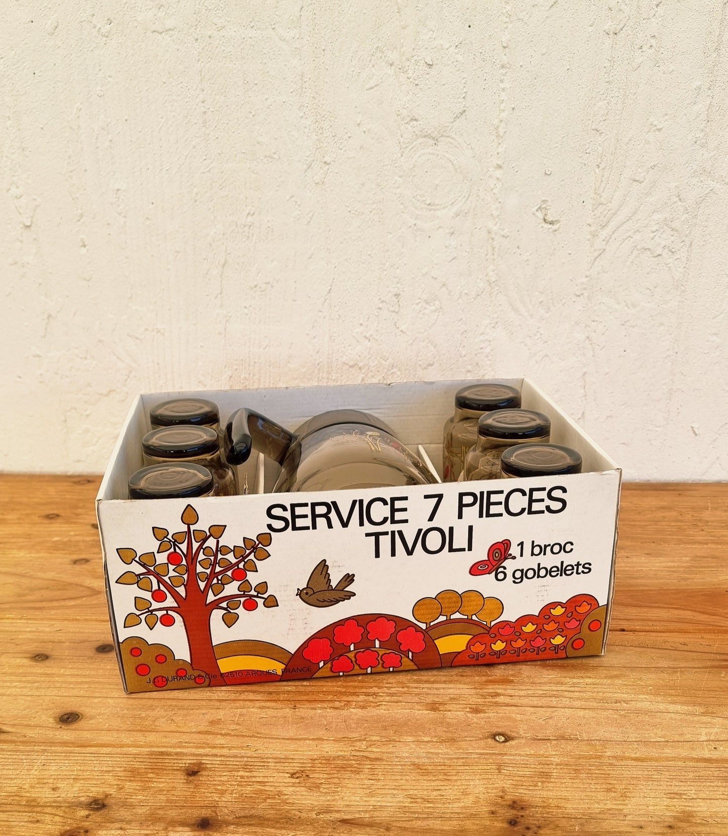 Service à orangeade vintage J.G. Durand Tivoli en verre fumé brun avec pichet et 6 verres