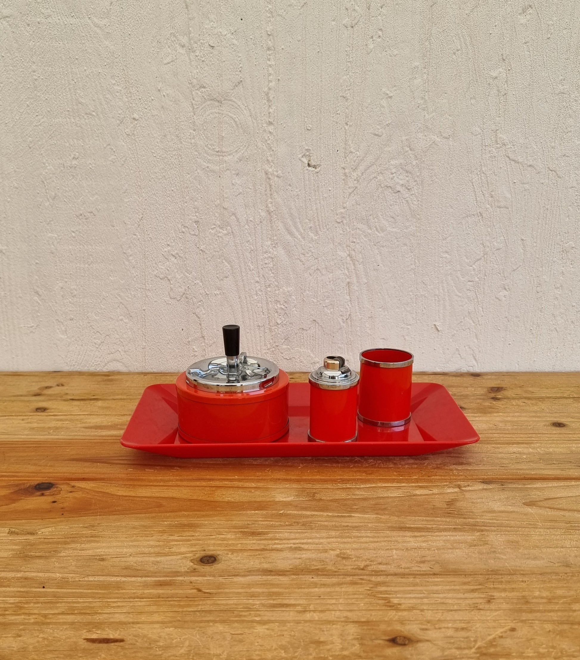 Service fumeur vintage orange Soveno Made in France style space age avec plateau cendrier briquet et porte-cigarettes années 70