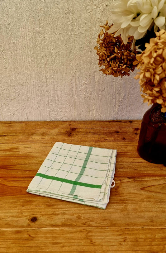 Torchon de cuisine ancien motif quadrillé vert en coton