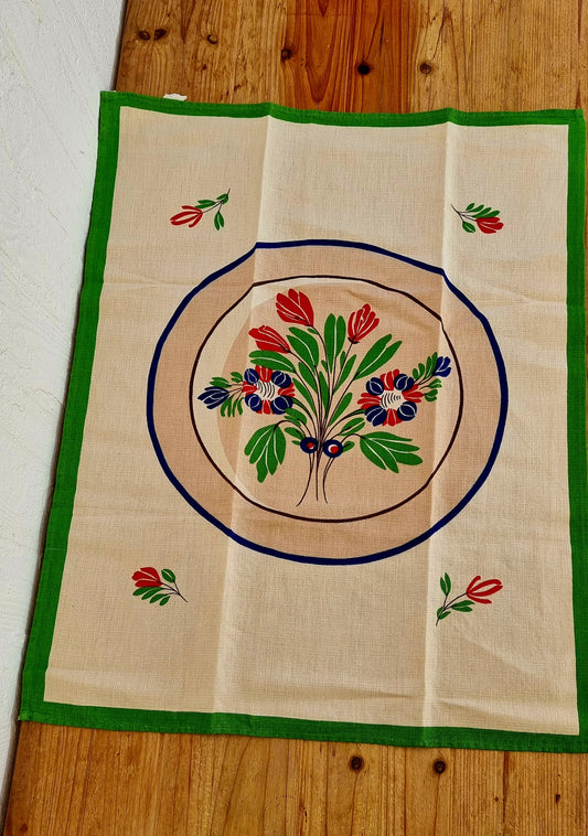 Torchon vintage neuf en coton et lin avec motif floral rouge vert et bleu et bordure verte