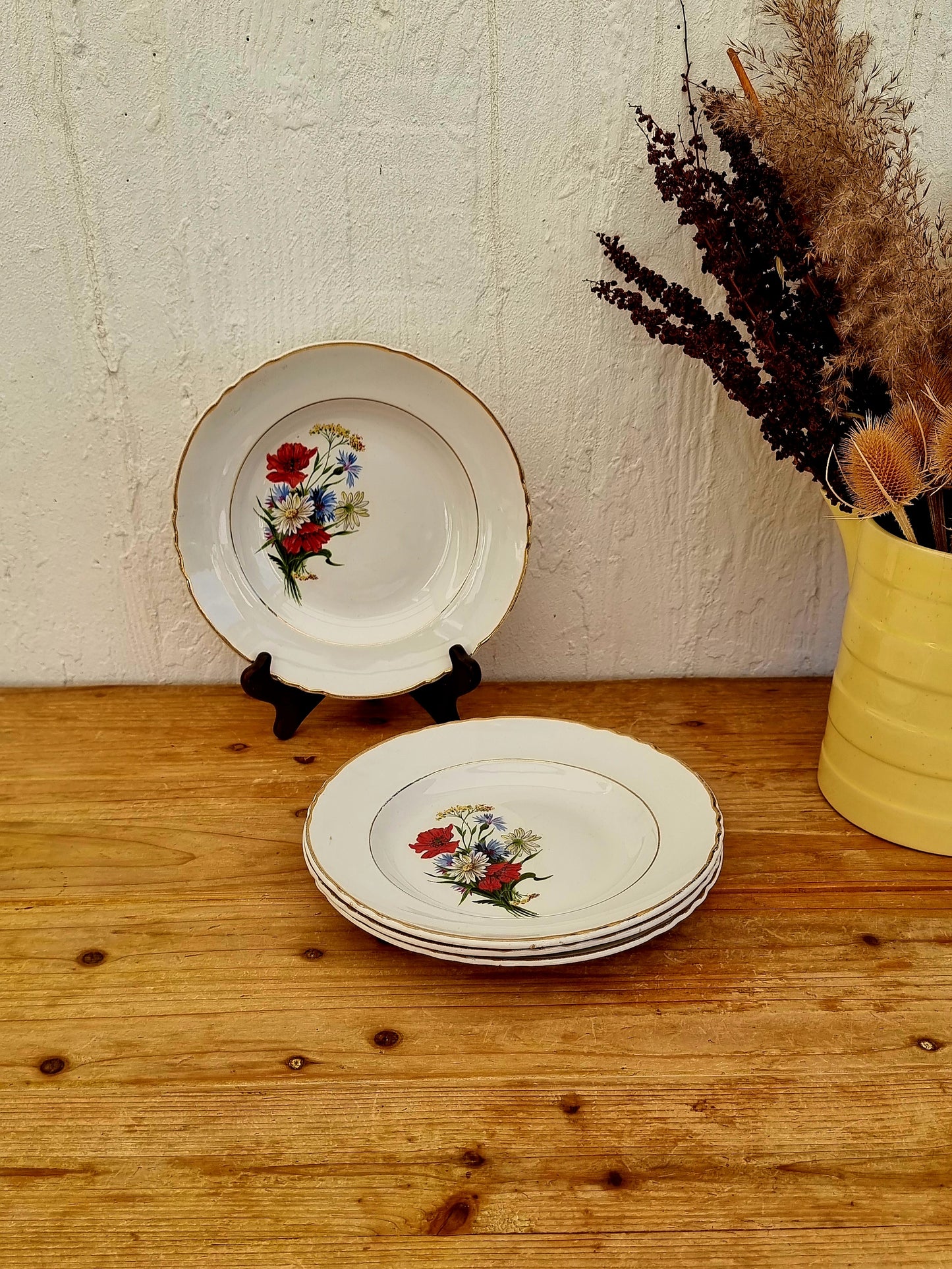 Lot de 4 assiettes creuses Moulin des Loups faïence française vintage motif fleurs