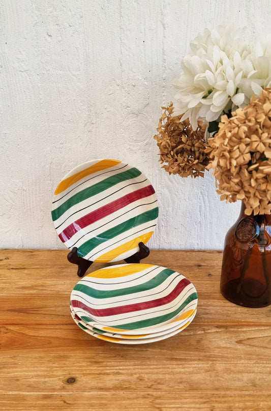 Assiettes creuses vintage Longchamp rayures colorées faïence française
