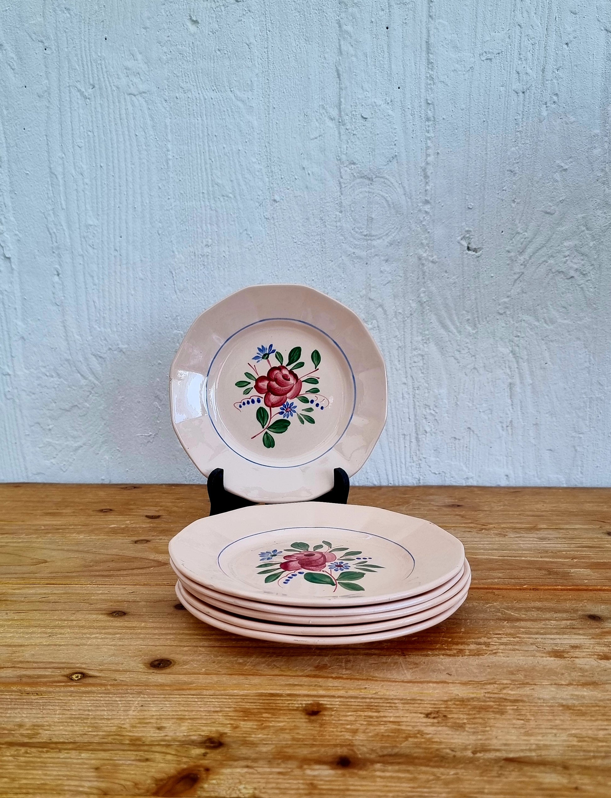 Lot de 6 assiettes à desserts Digoin Sarreguemines céramique rose 9177