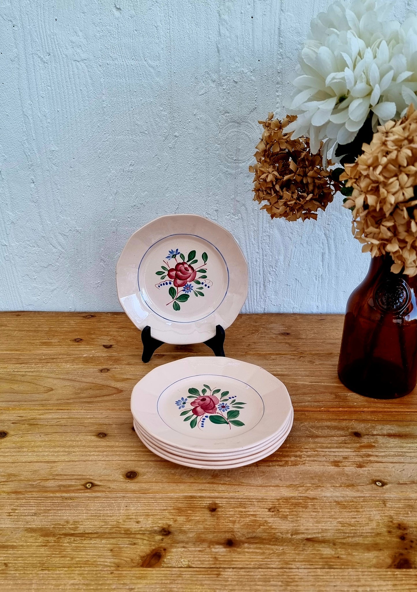 Lot de 6 assiettes à desserts Digoin Sarreguemines céramique rose 9177 