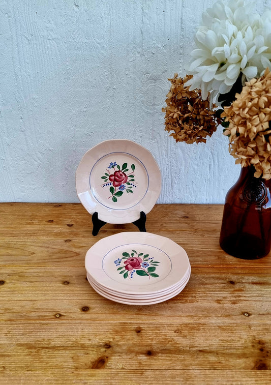 Lot de 6 assiettes à desserts Digoin Sarreguemines céramique rose 9177 les kitscheries brocante en ligne
