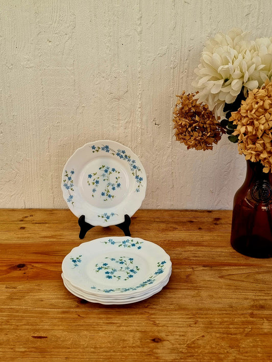  6 assiettes à desserts Arcopal modèle Myosotis fleurs bleues les kitscheries brocante en ligne