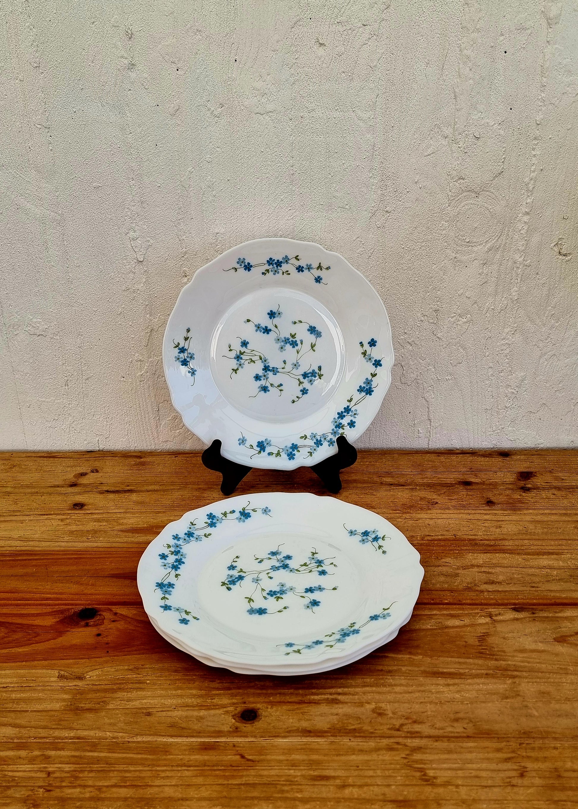 4 assiettes plates Arcopal myosotis 23 cm vaisselle vintage
