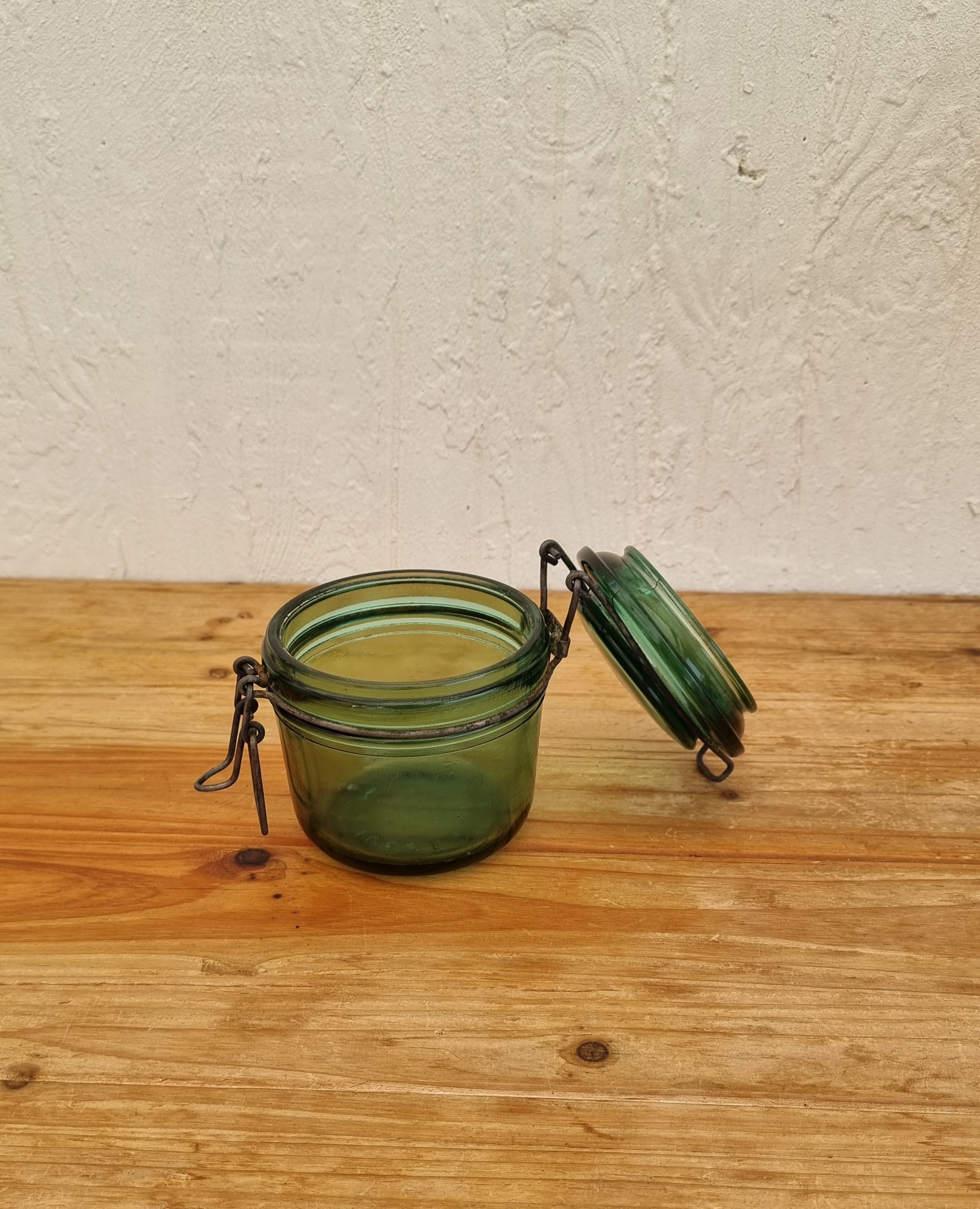 Bocal en verre L'idéale vintage vert les kitscheries brocante en ligne