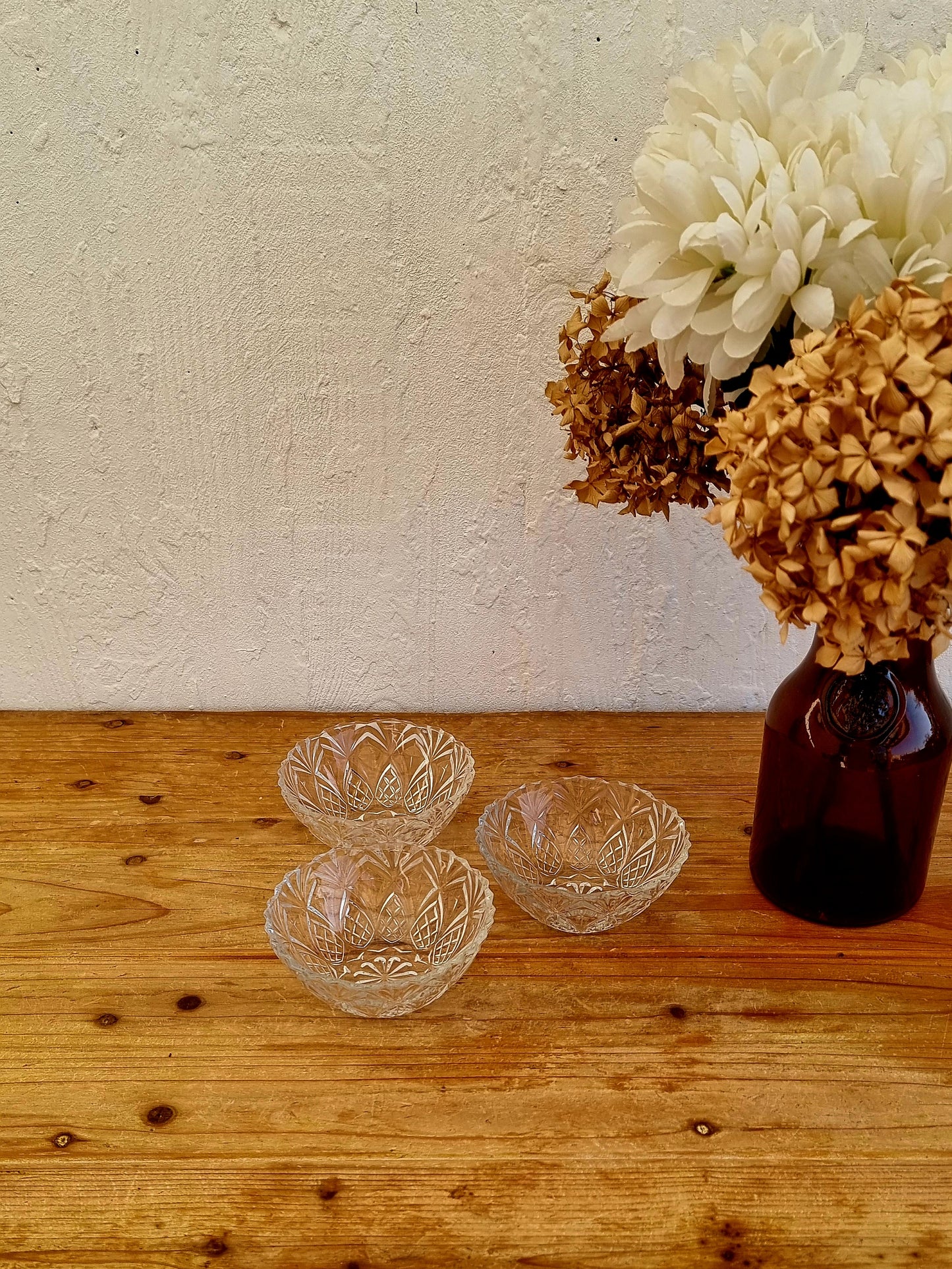 Lot de 3 coupelles en verre transparent ciselé vintage années 70