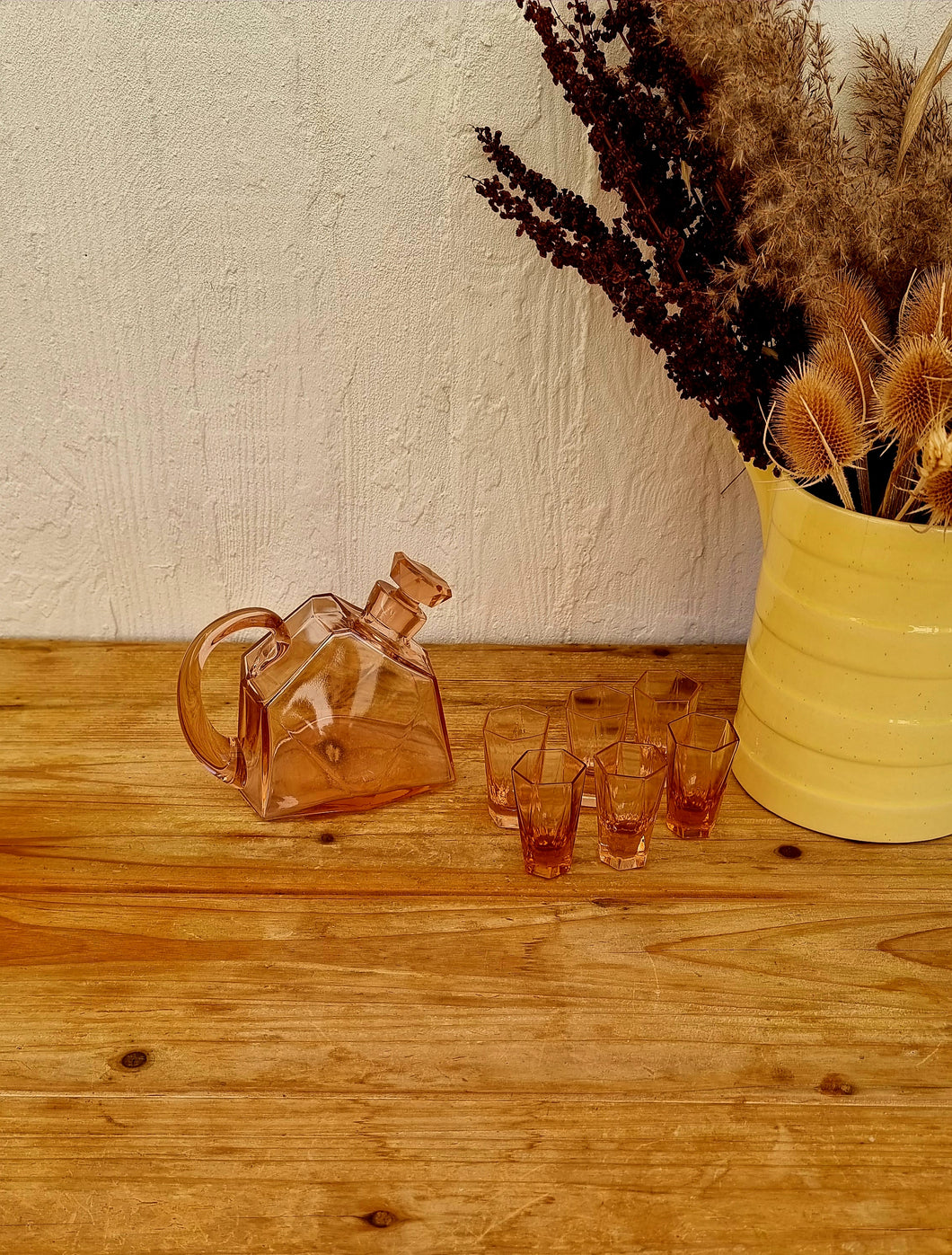 Service à liqueur en verre rose vintage les kitscheries brocante en ligne