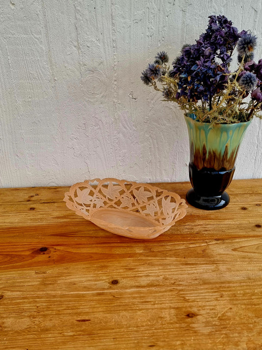 corbeille à fruits plastique rose vintage années 70 décor feuilles